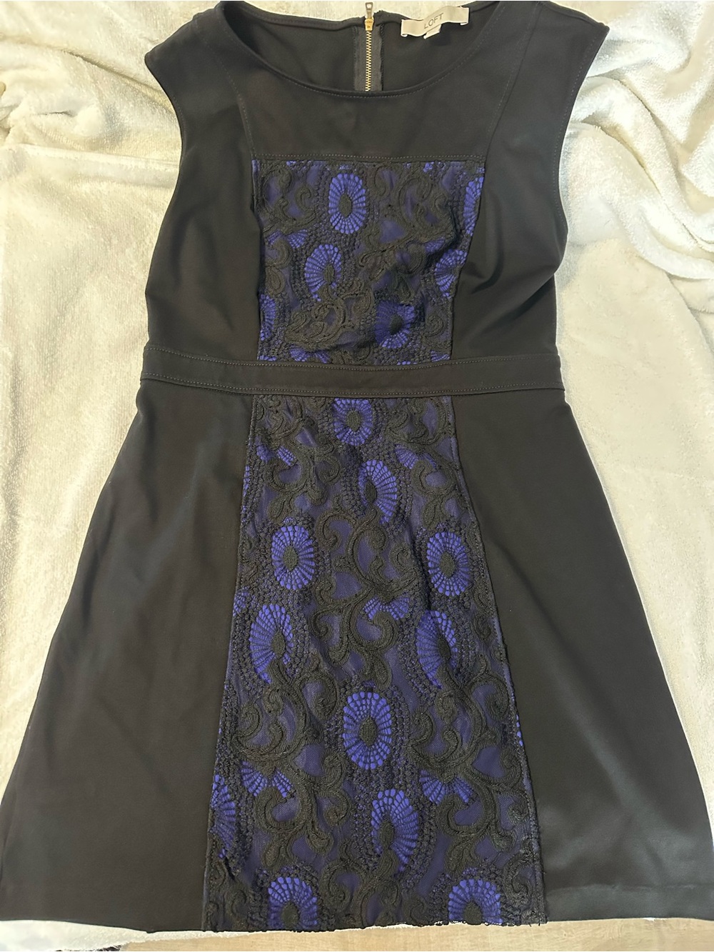 LOFT Black Dress with Blue Lace Front Panel